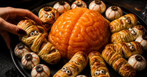 15 Halloween Foods Guests Keep Asking What Even Is 16 Halloween appetizer platter with orange brain gelatin mold, mummy dogs, and eyeball snacks